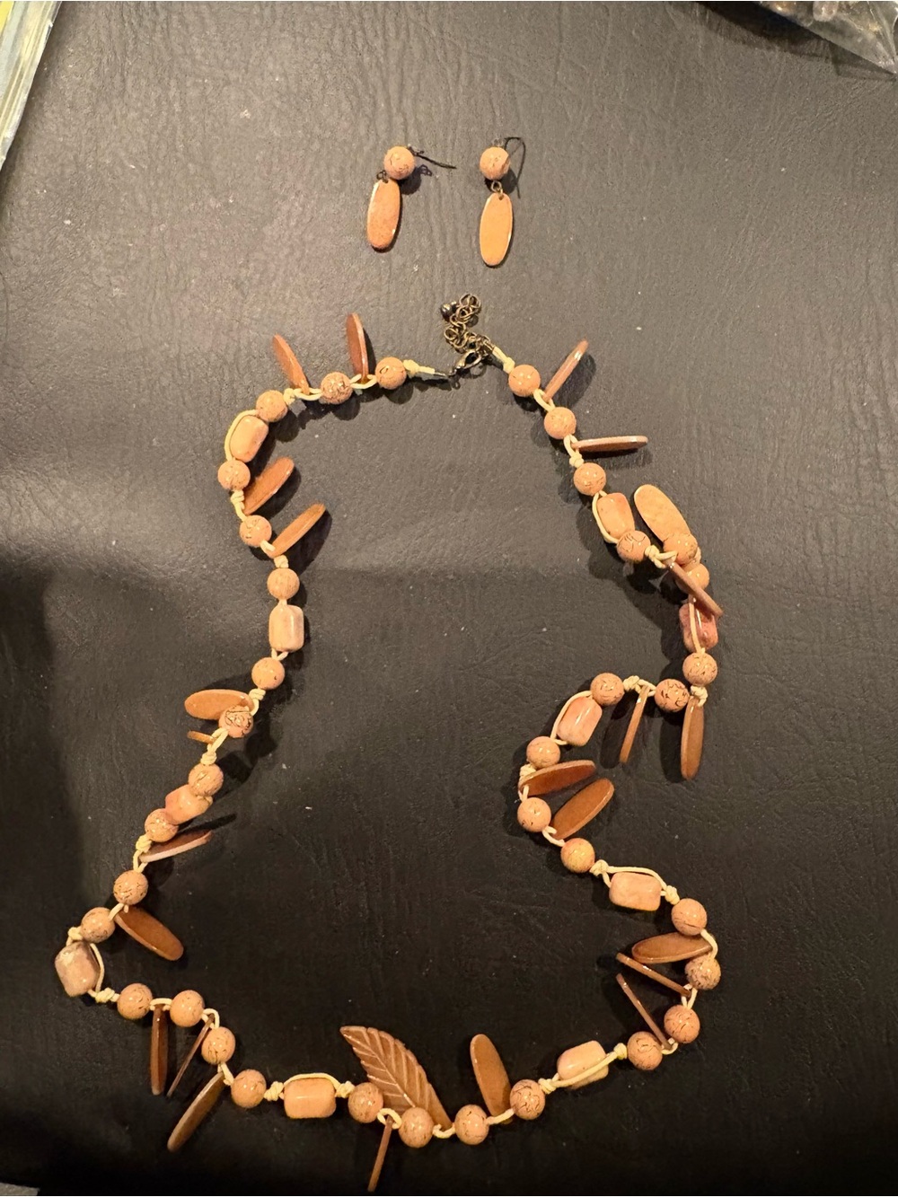 Handcrafted Tan Bead and Wood Leaf Necklace Set